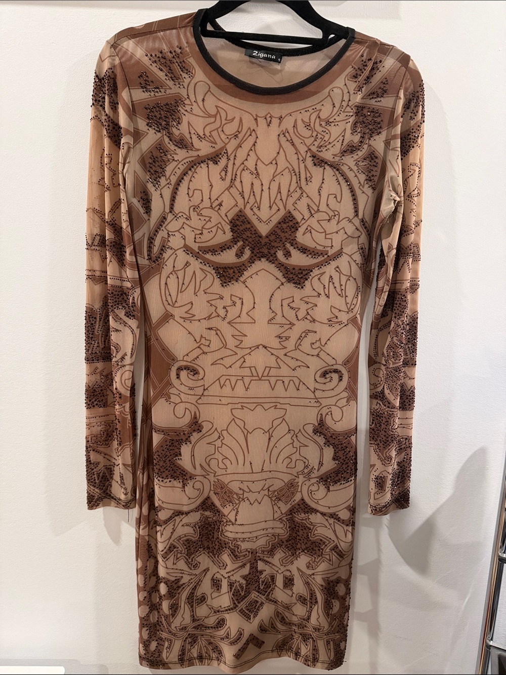 Y2K Zigana dress brown mesh with black bedazzles